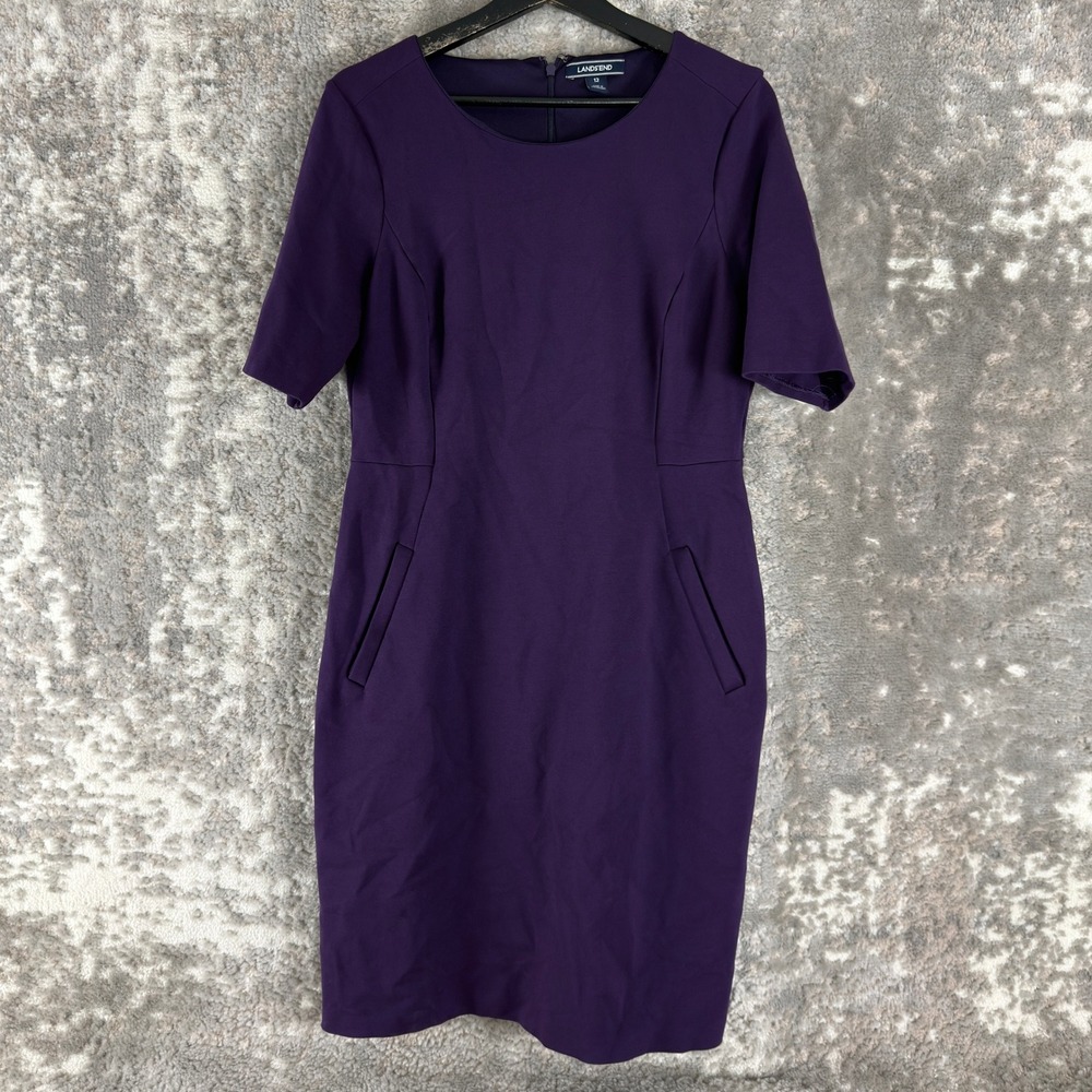 Lands End Size 12 Ponte Sheath Pockets Career Dress Purple Short Sleeve Women
